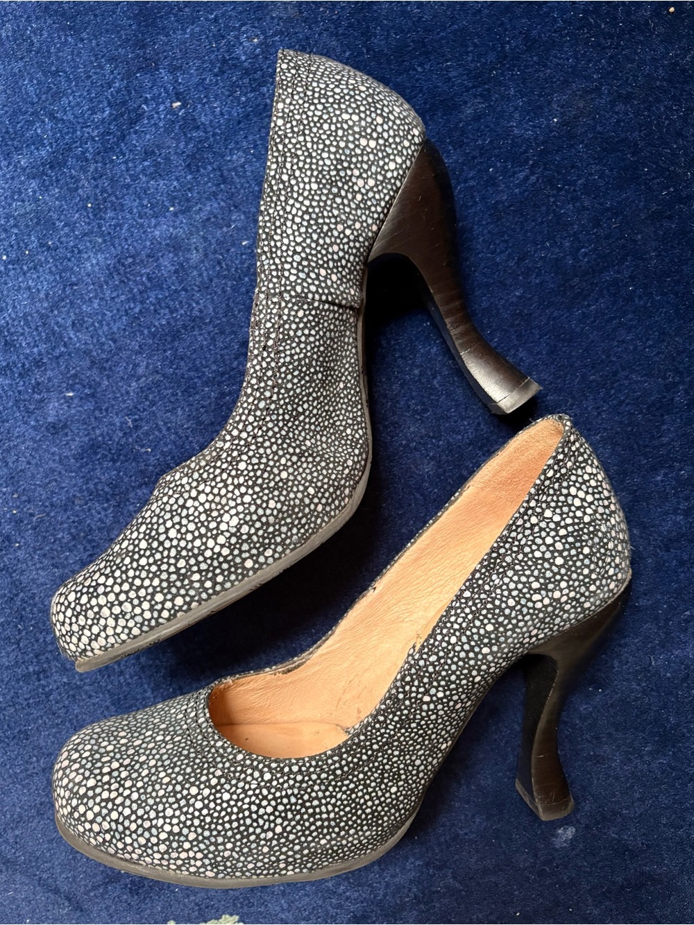 John Fluevog Blue and White Spotted Pumps 8.5
